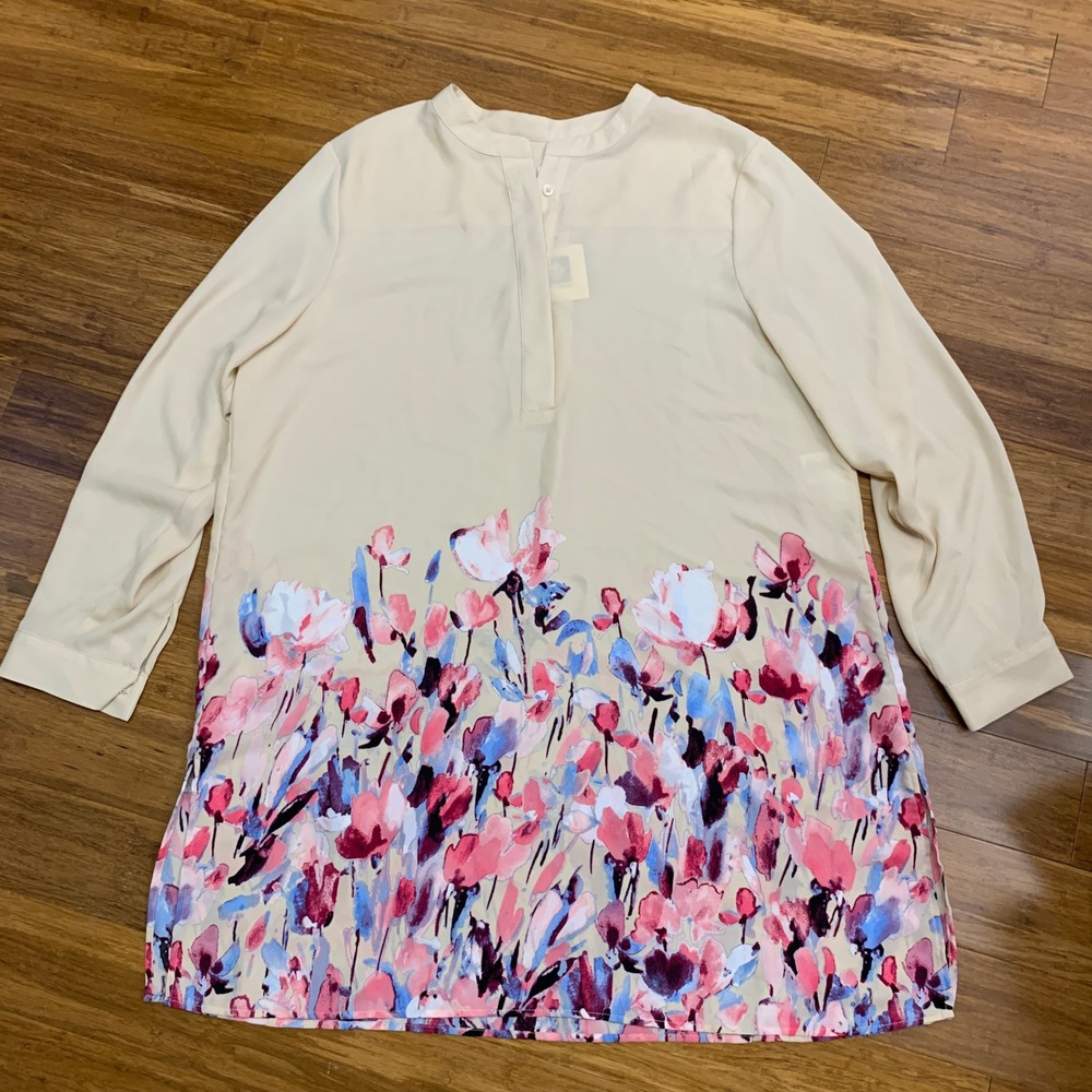 Anne Klein Women XL Cream Floral‎ Print Button Neck Blouse Shirt Top Tunic NWT
